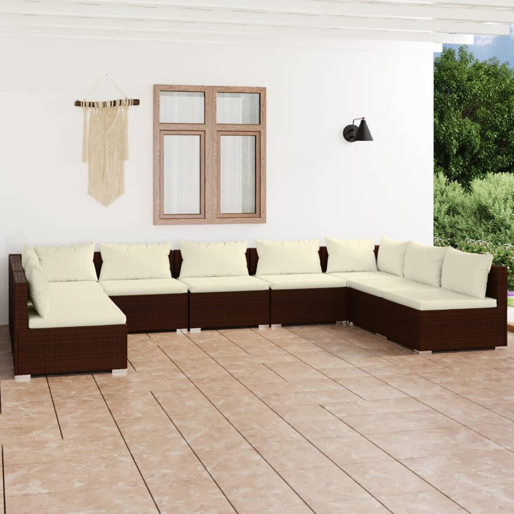 vidaXL Set mobilier de grădină cu perne, 9 piese, maro, poliratan vidaXL