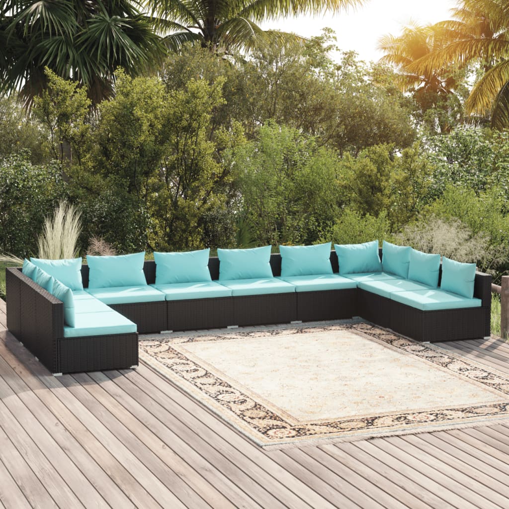 vida XL 10-tlg. Garten-Lounge-Set mit Kissen Poly Rattan Schwarz