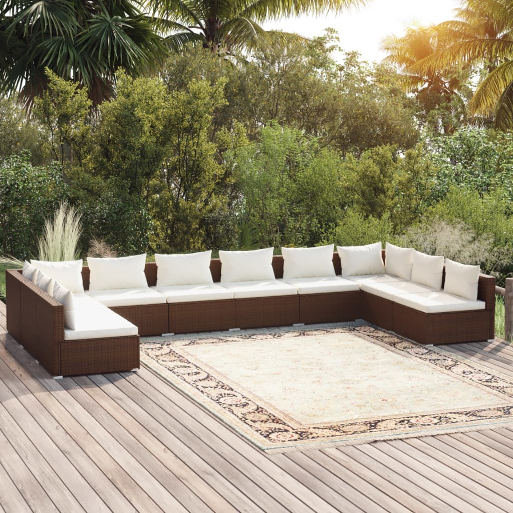 vida XL 10-tlg. Garten-Lounge-Set mit Kissen Poly Rattan Braun