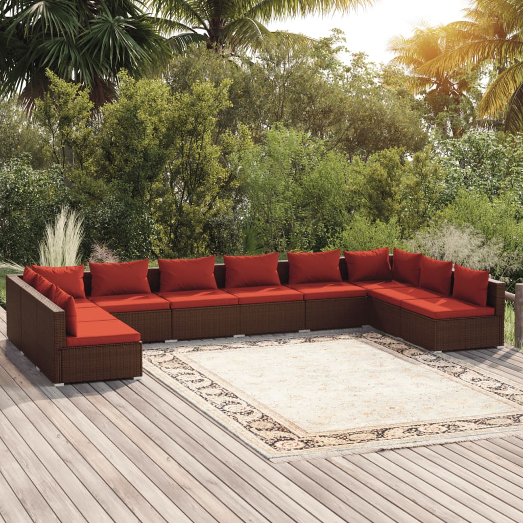 vida XL 10-tlg. Garten-Lounge-Set mit Kissen Poly Rattan Braun