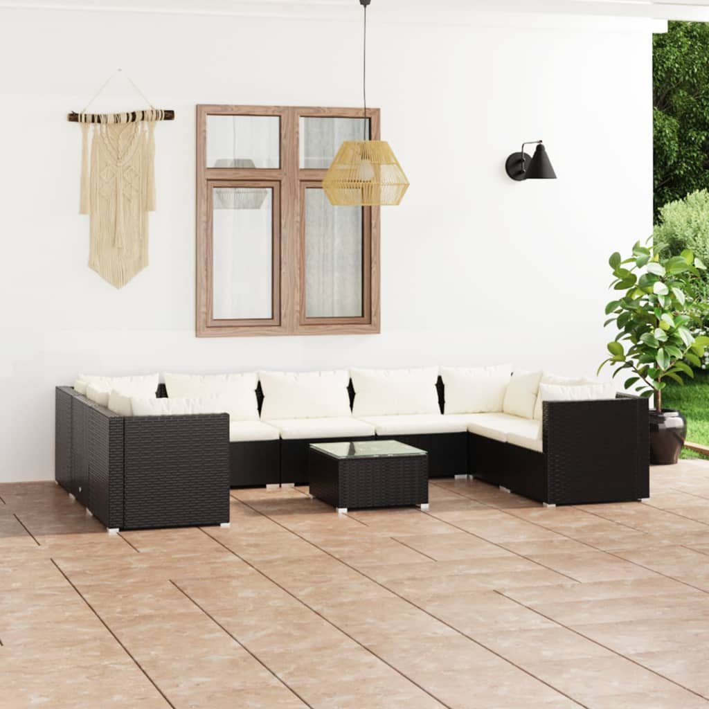 vidaXL Set mobilier de grădină cu perne, 10 piese, negru, poliratan