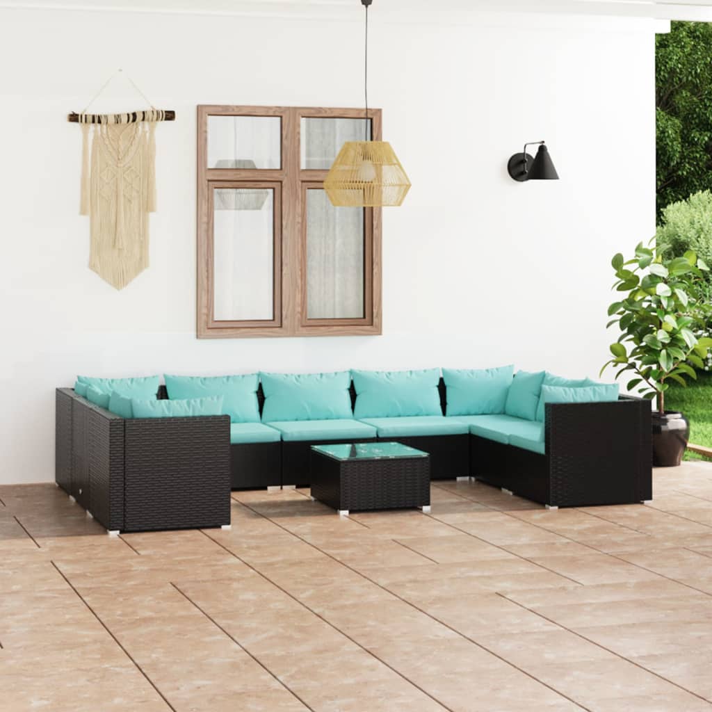 vidaXL Set mobilier de grădină cu perne, 10 piese, negru, poliratan