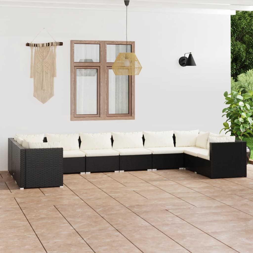 vidaXL Set mobilier de grădină cu perne, 10 piese, negru, poliratan