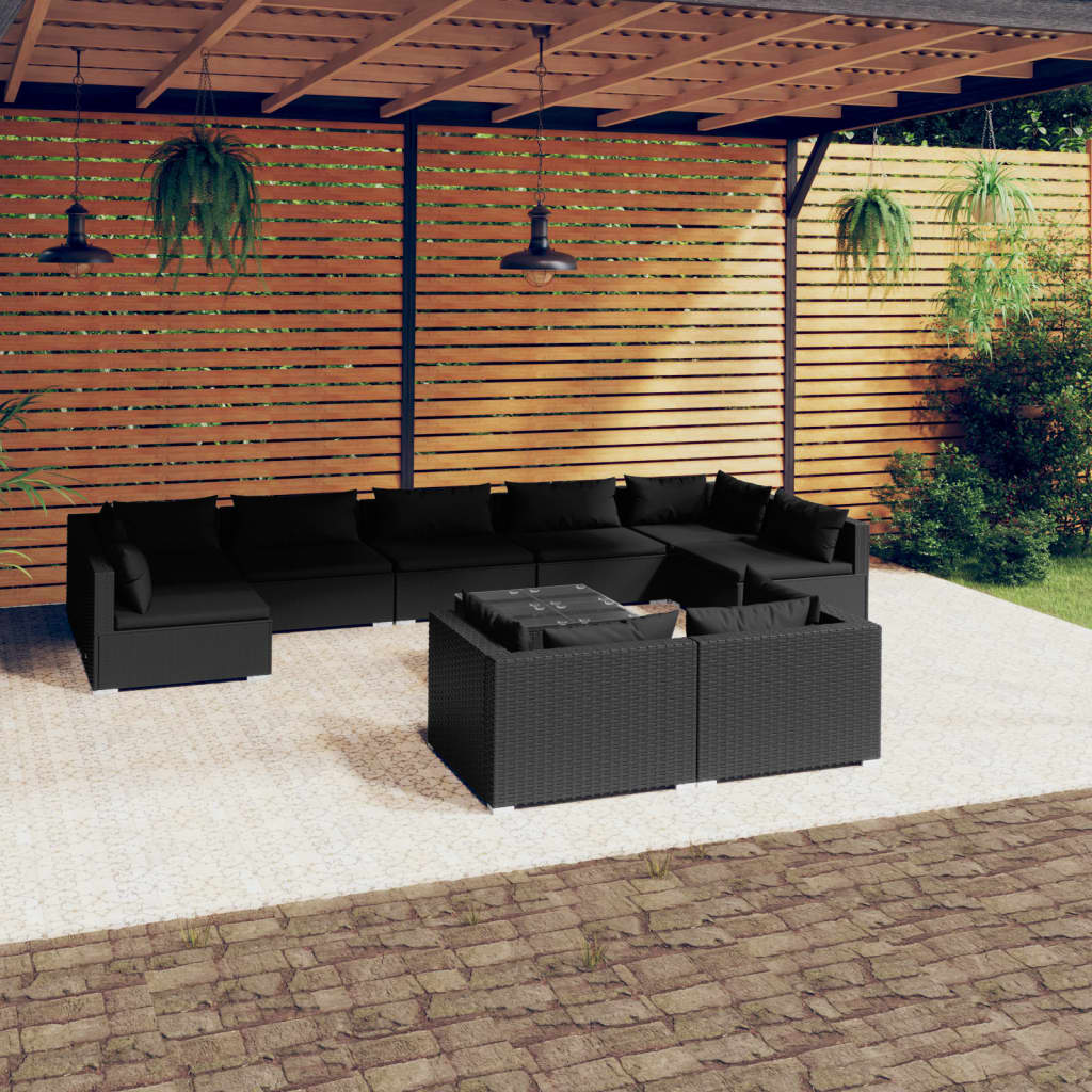 vidaXL 10-tlg. Garten-Lounge-Set mit Kissen Schwarz Poly Rattan