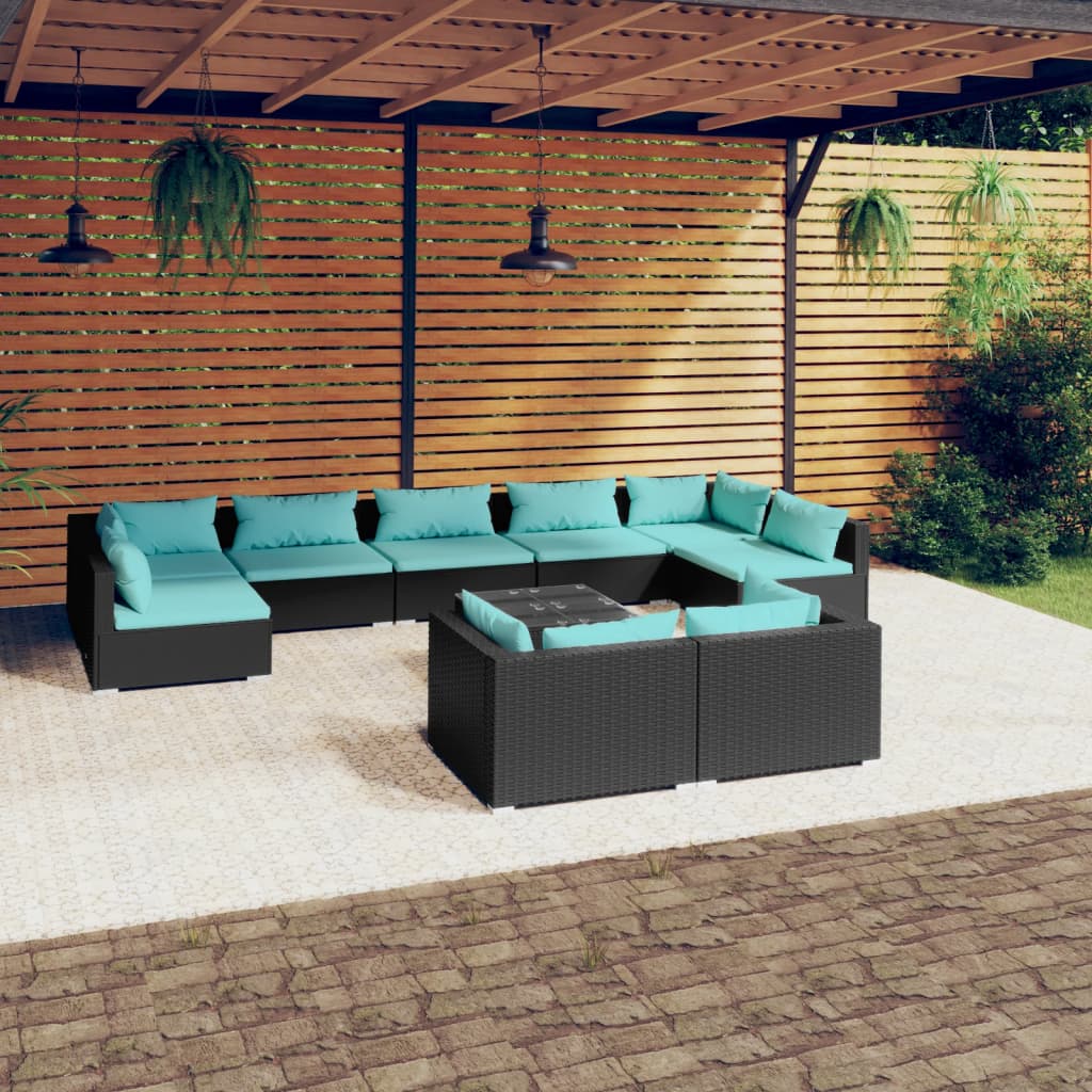 vidaXL Set mobilier de grădină cu perne, 10 piese, negru, poliratan