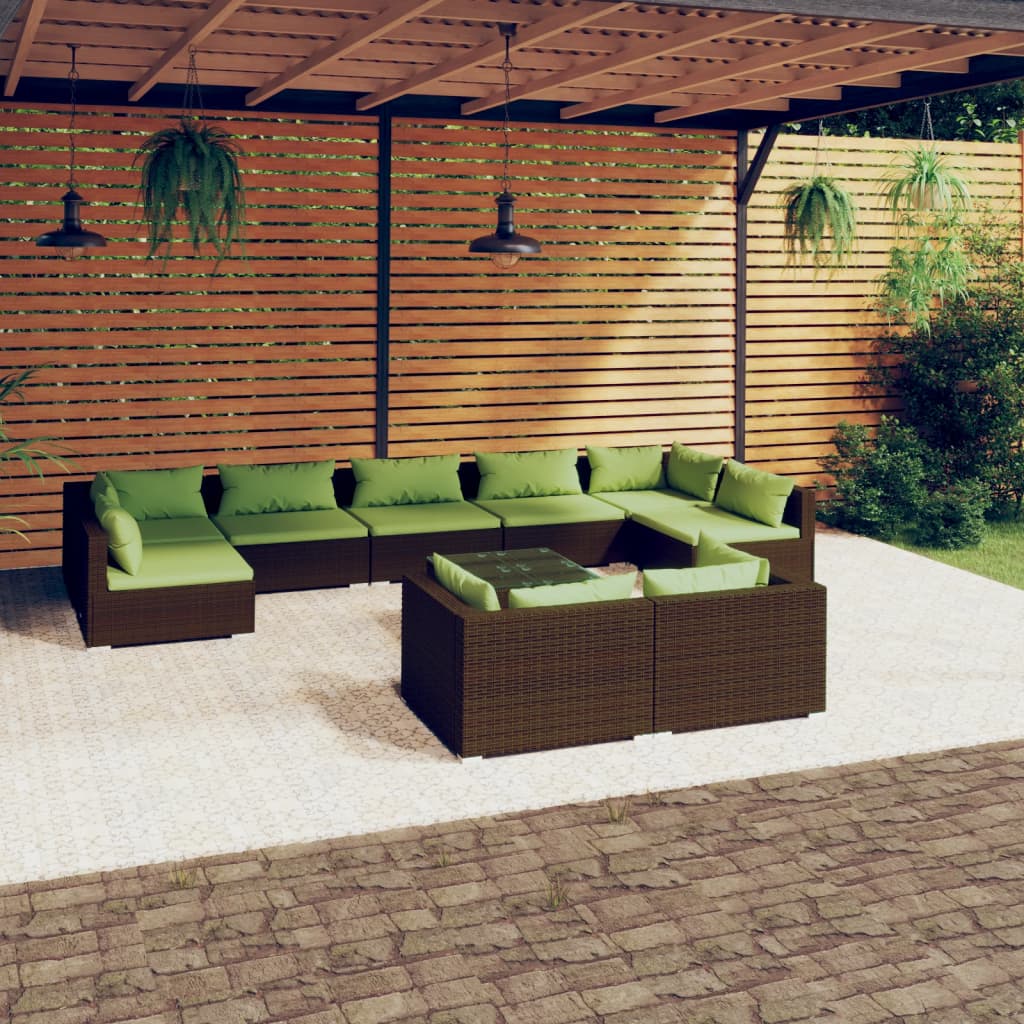 vidaXL Salon de jardin 10 pcs avec coussins Marron Résine tressée