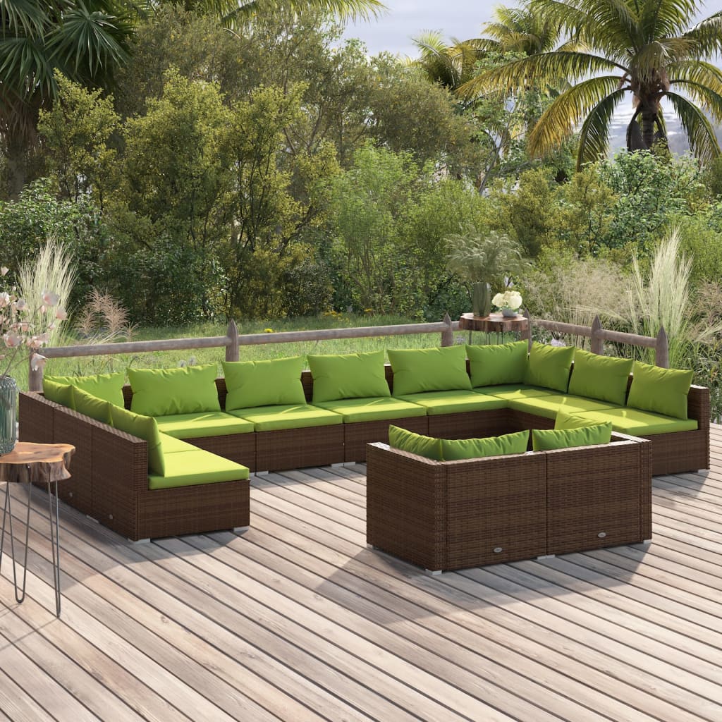 vidaXL Salon de jardin 12 pcs avec coussins Marron Résine tressée