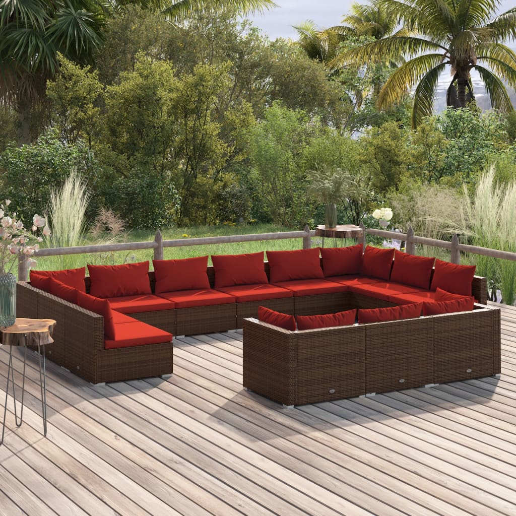 vidaXL 13 pcs conjunto lounge jardim c/ almofadões vime PE castanho