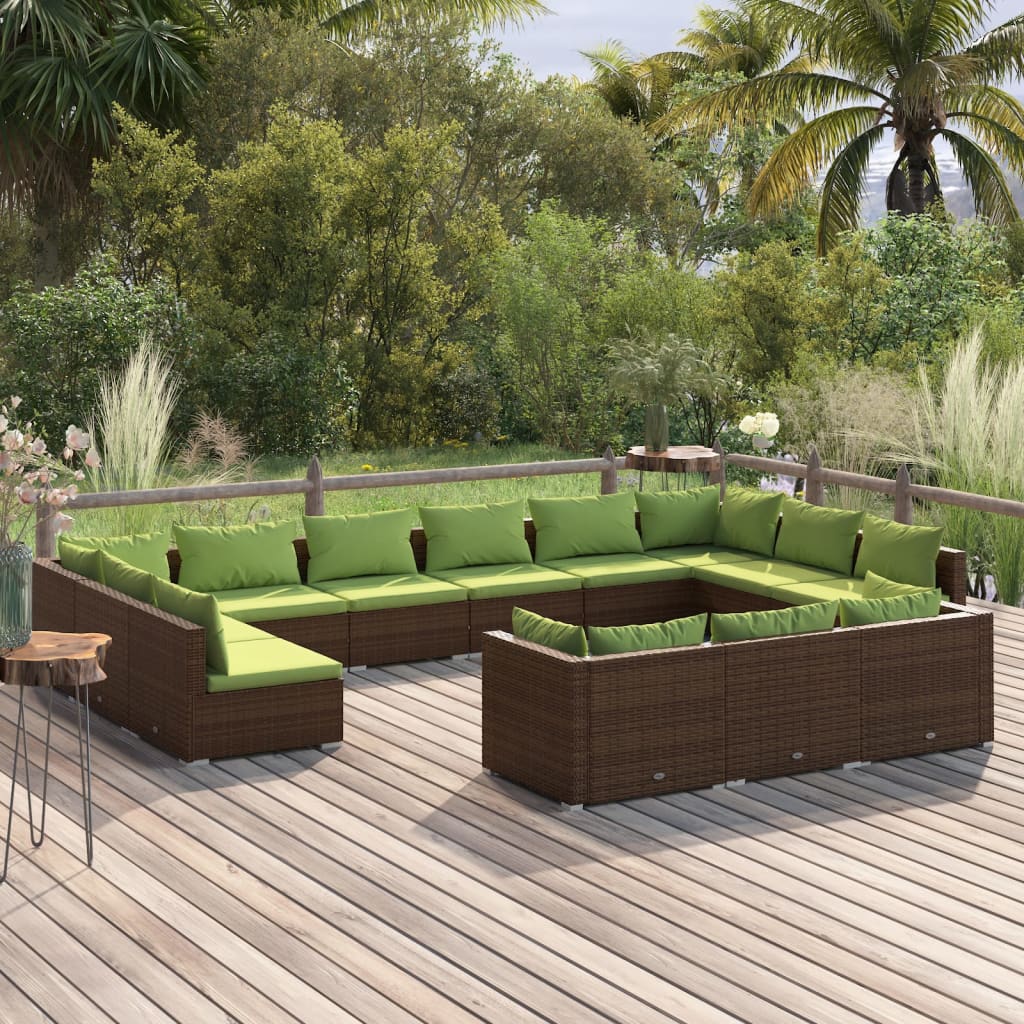 vidaXL Salon de jardin 13 pcs avec coussins Marron Résine tressée