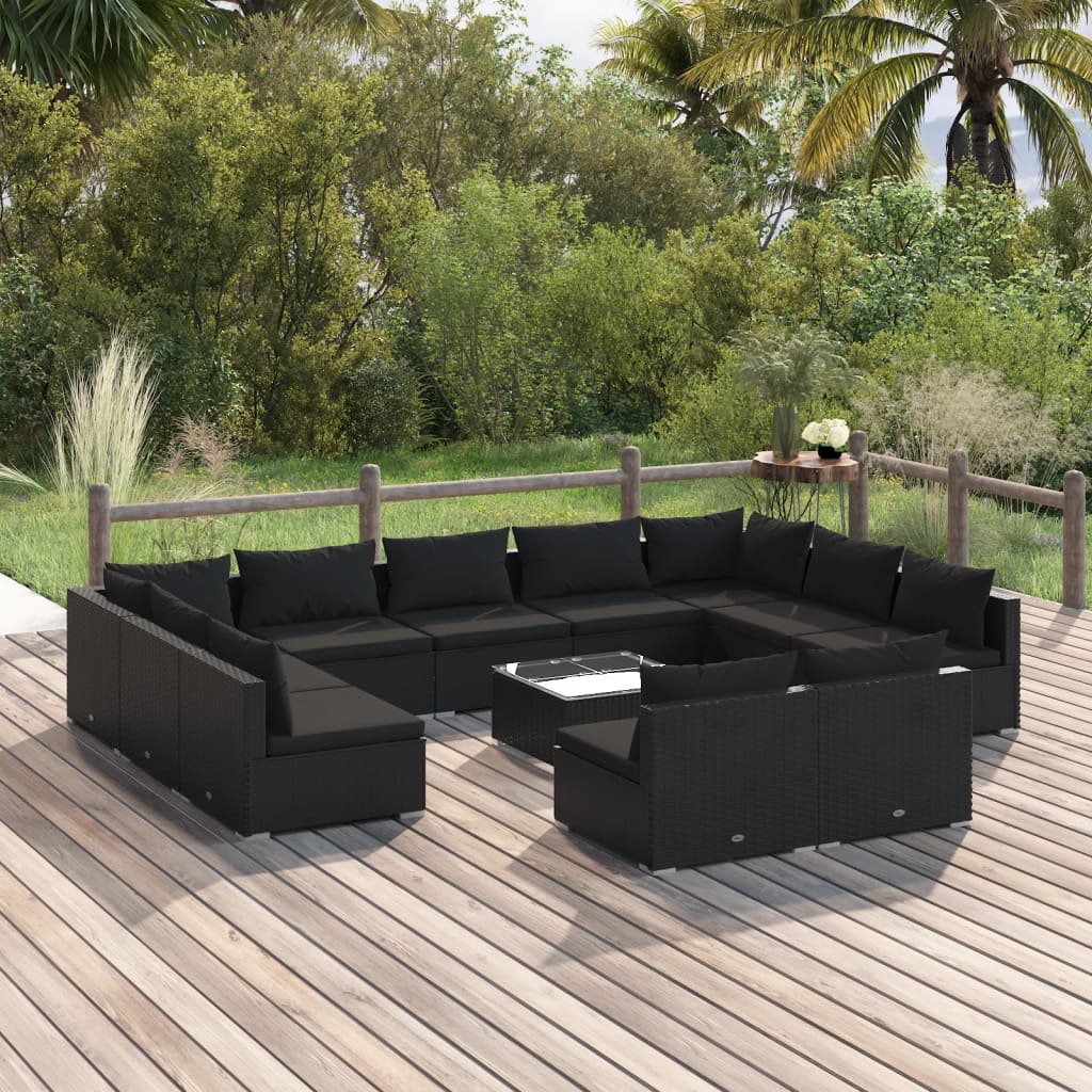 vidaXL Set mobilier de grădină cu perne, 12 piese, negru, poliratan