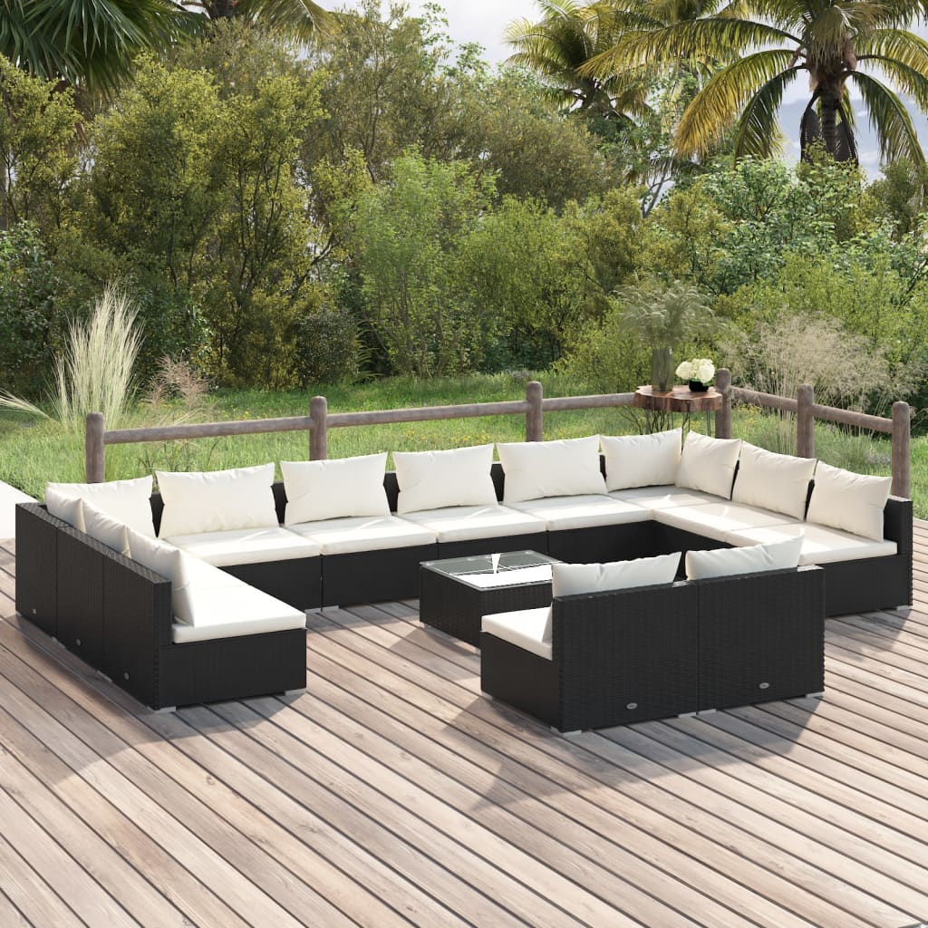 vida XL 13-tlg. Garten-Lounge-Set mit Kissen Schwarz Poly Rattan
