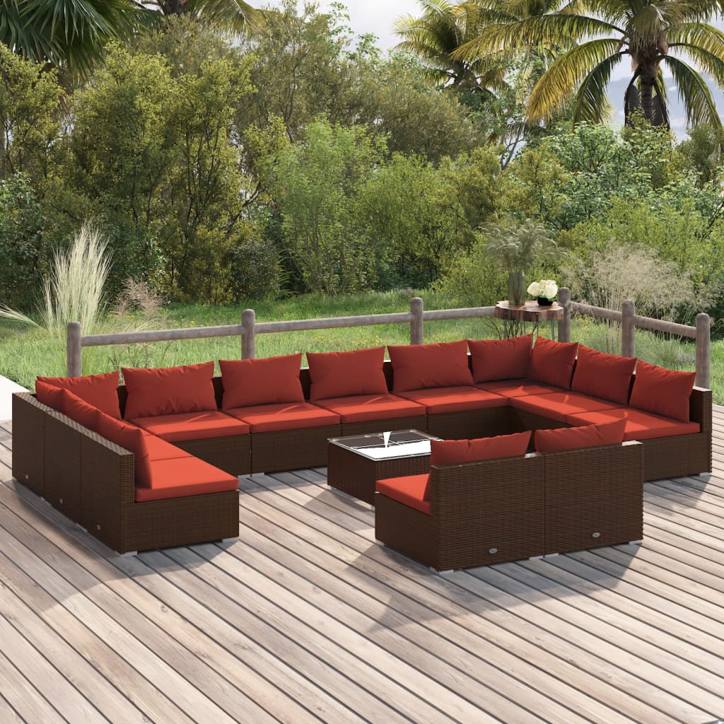 vidaXL Set mobilier de grădină cu perne, 13 piese, maro, poliratan