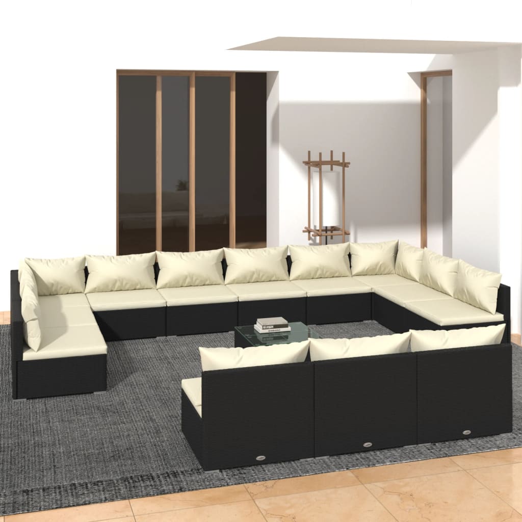 vidaXL 13 pcs conjunto lounge de jardim c/ almofadões vime PE preto