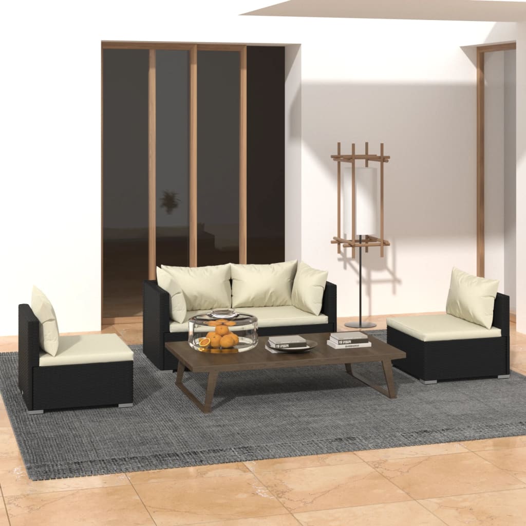 vidaXL 4-tlg. Garten-Lounge-Set mit Kissen Poly Rattan Schwarz