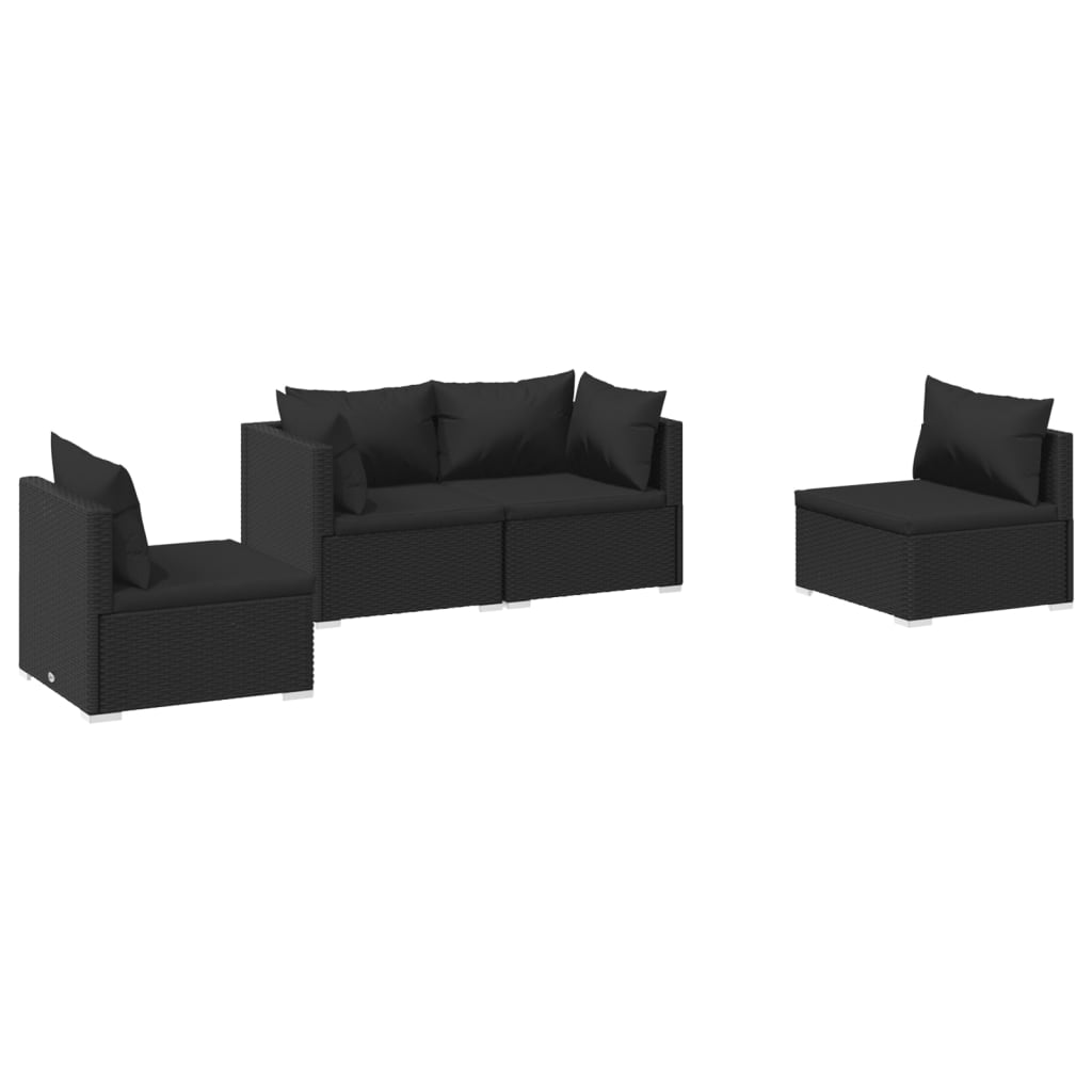 Set mobilier de grădină cu perne, 4 piese, negru, poliratan