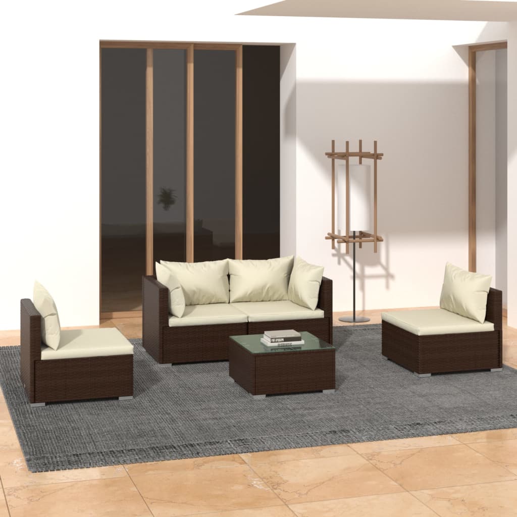 vidaXL 5-tlg. Garten-Lounge-Set mit Kissen Poly Rattan Braun