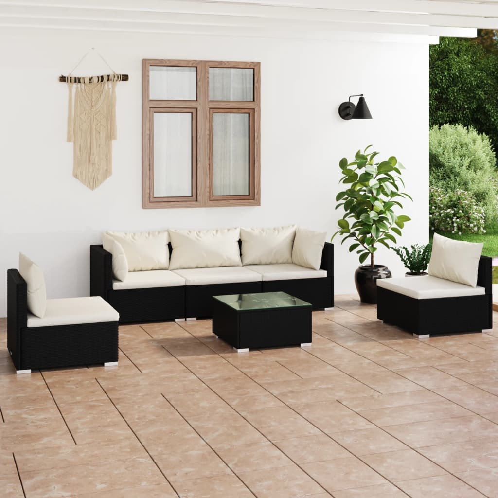 vidaXL Set mobilier de grădină cu perne, 6 piese, negru, poliratan