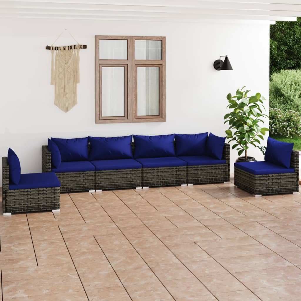 vida XL 6-tlg. Garten-Lounge-Set mit Kissen Poly Rattan Grau