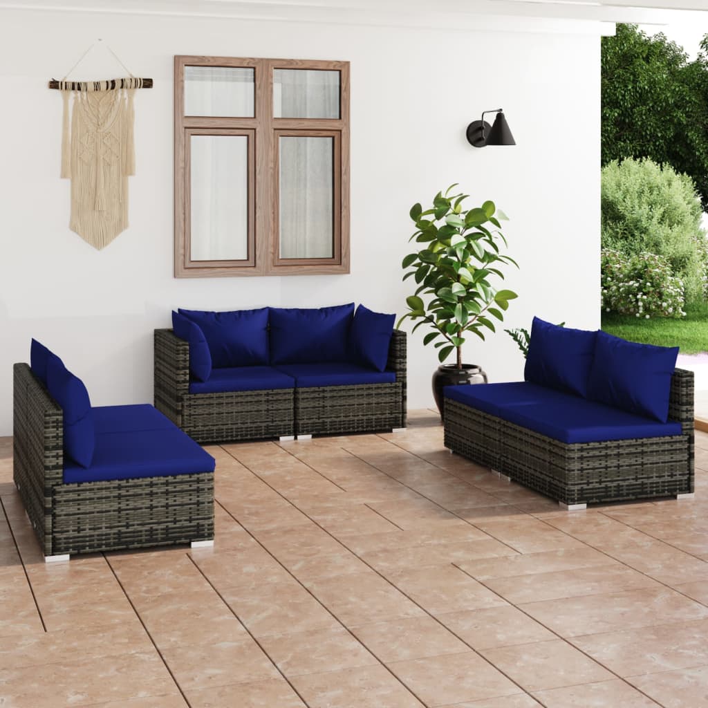 Salon de jardin 6 pcs avec coussins Résine tressée Gris