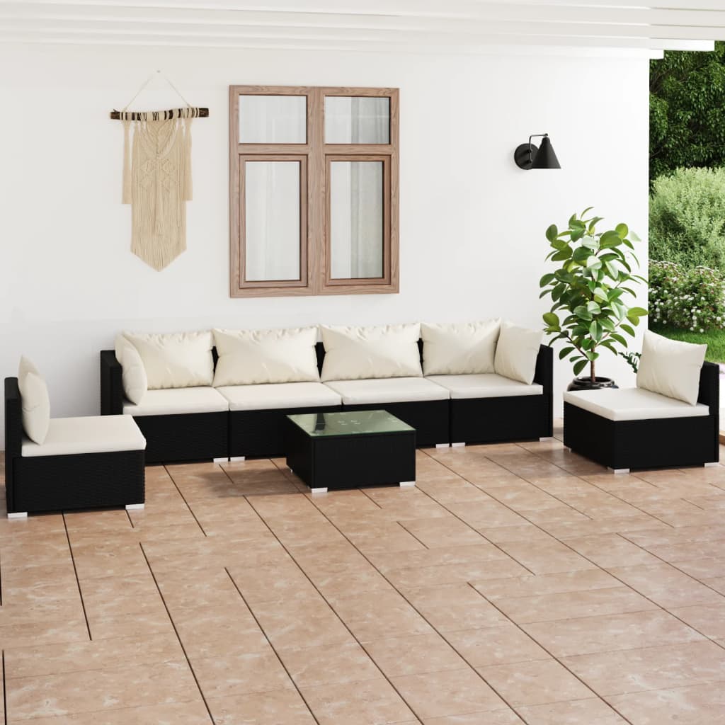 vidaXL 7 pcs conjunto lounge de jardim c/ almofadões vime PE preto