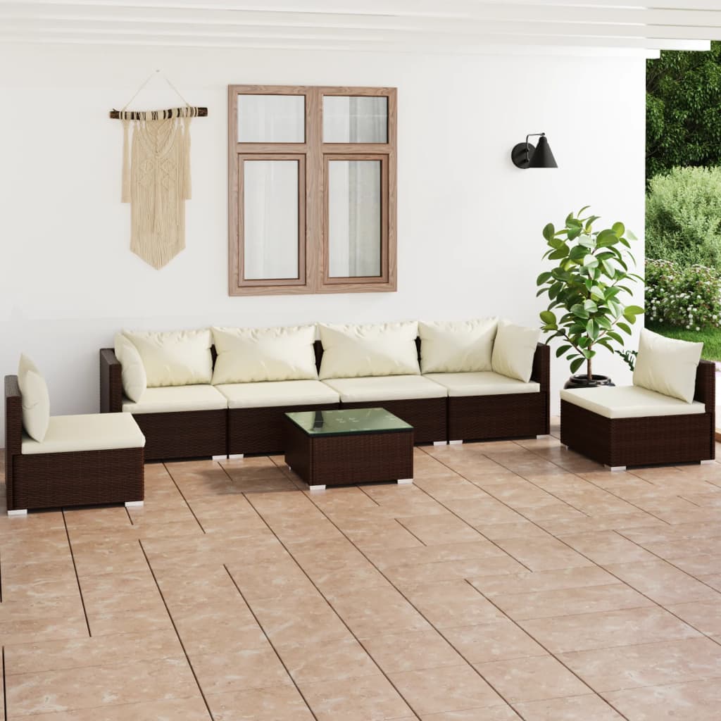 vidaXL 7-tlg. Garten-Lounge-Set mit Kissen Poly Rattan Braun