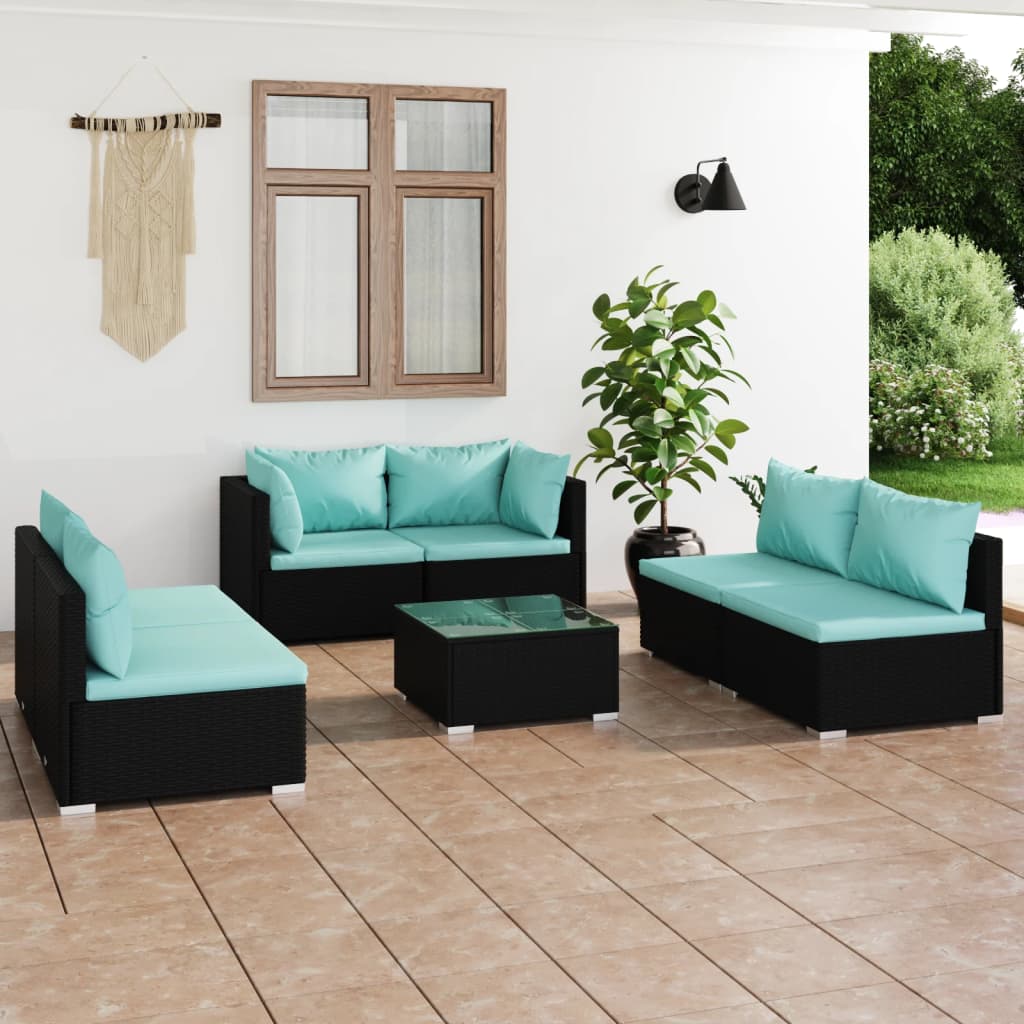 vidaXL Salon de jardin 7 pcs avec coussins Résine tressée Noir