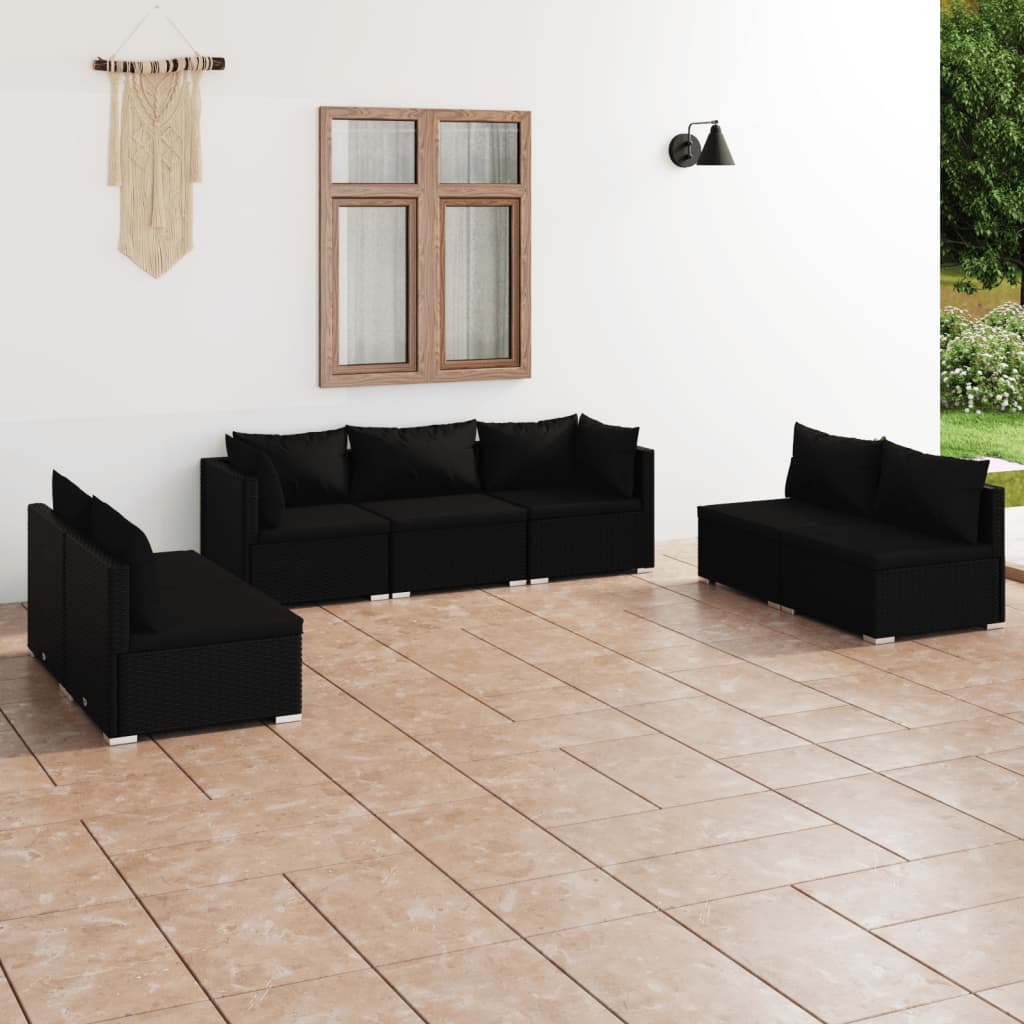 Salon de jardin 7 pcs avec coussins Résine tressée Noir