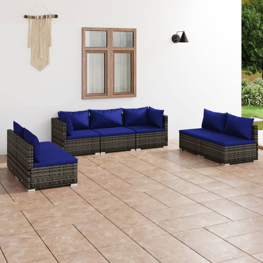 Salon de jardin 7 pcs avec coussins Résine tressée Gris