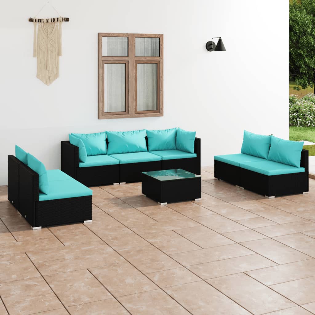 vida XL 8-tlg. Garten-Lounge-Set mit Kissen Poly Rattan Schwarz