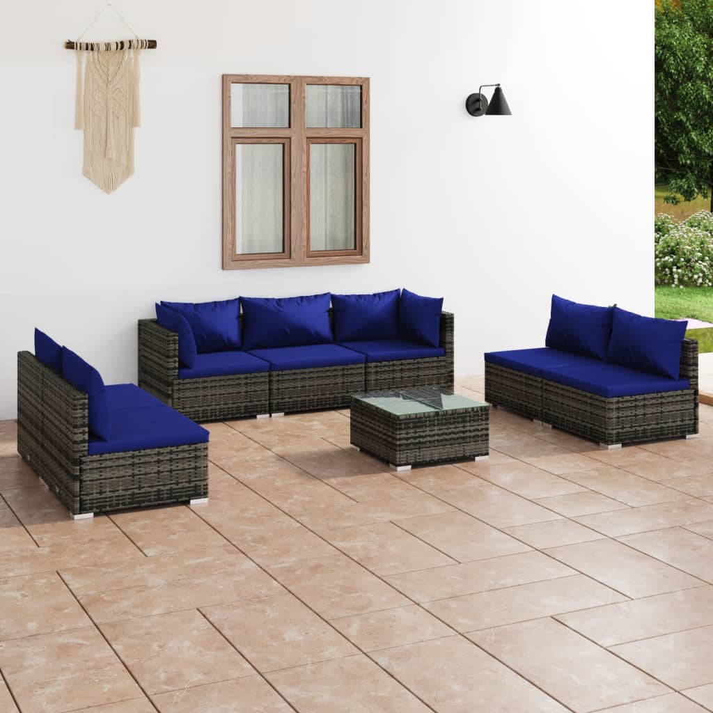 Salon de jardin 8 pcs avec coussins Résine tressée Gris