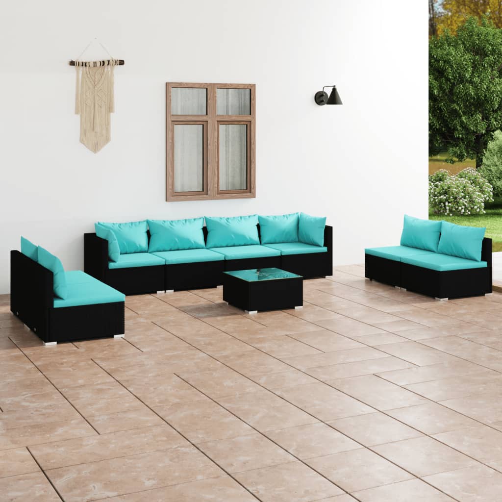 vidaXL Set mobilier de grădină cu perne, 9 piese, negru, poliratan