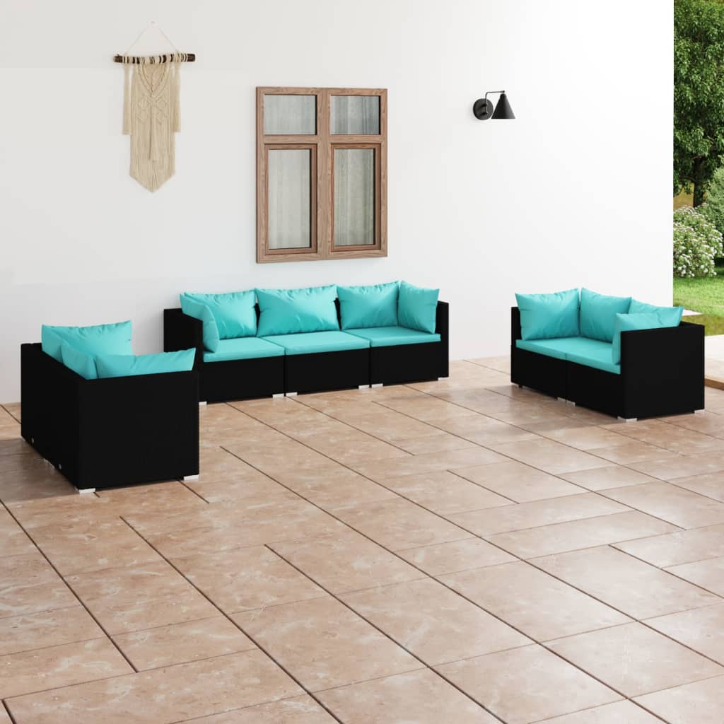 vidaXL 7-tlg. Garten-Lounge-Set mit Kissen Poly Rattan Schwarz