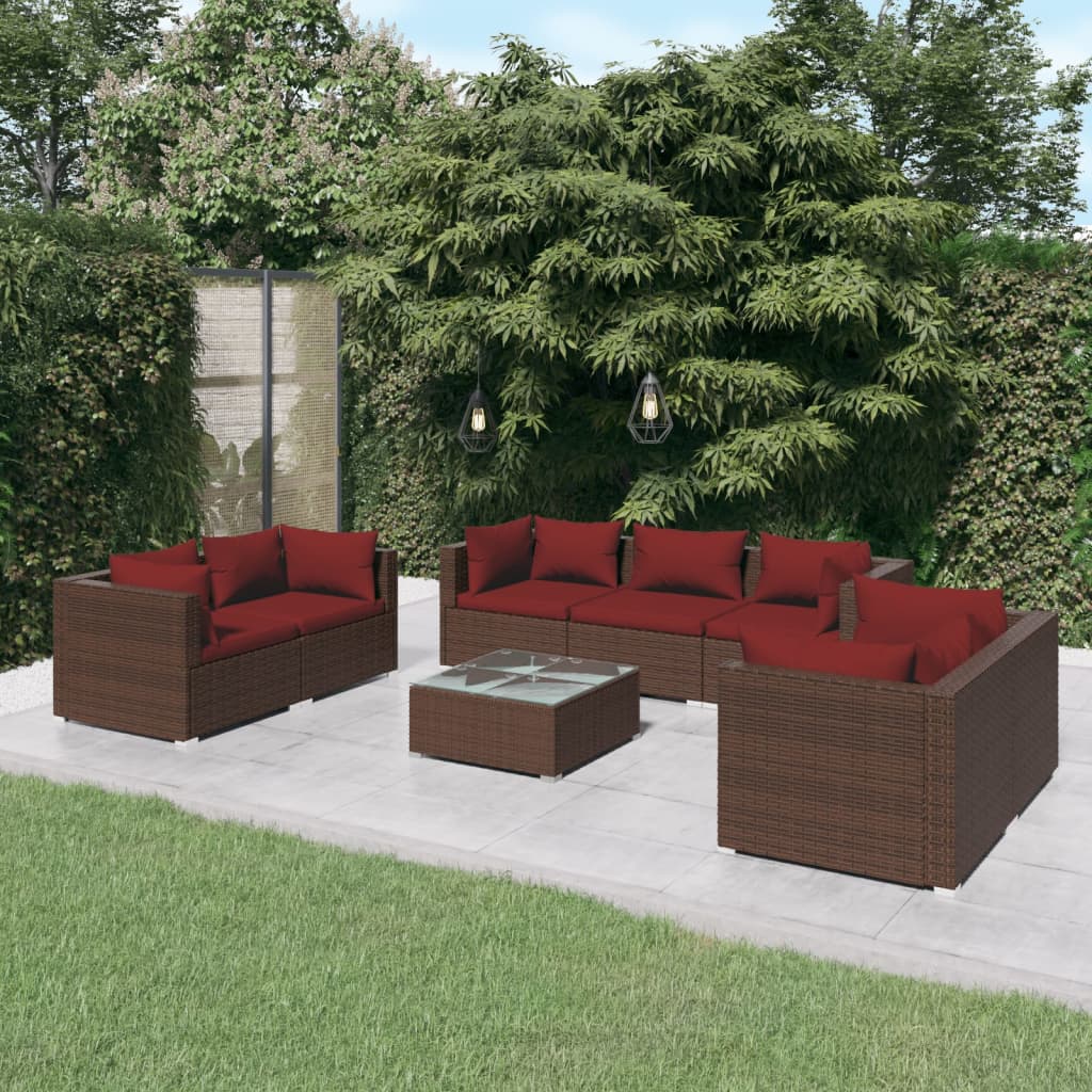 Salon de jardin 8 pcs avec coussins résine tressée marron