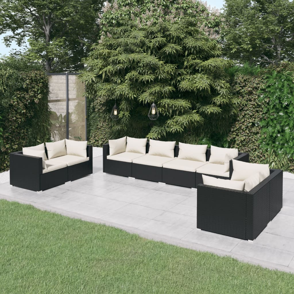 Set mobilier de grădină cu perne, 8 piese, negru, poliratan