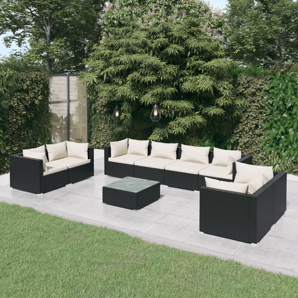 vidaXL Salon de jardin 9 pcs avec coussins Résine tressée Noir