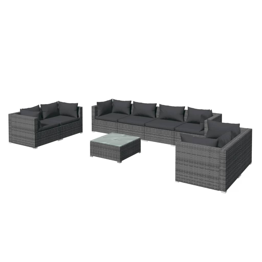 Set mobilier de grădină cu perne, 9 piese, gri, poliratan