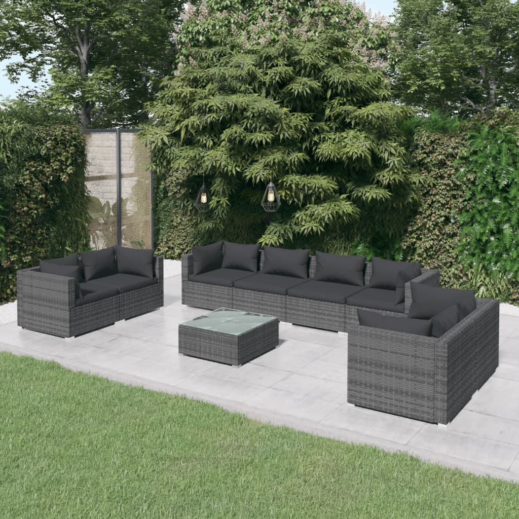 vidaXL 9-tlg. Garten-Lounge-Set mit Kissen Poly Rattan Grau