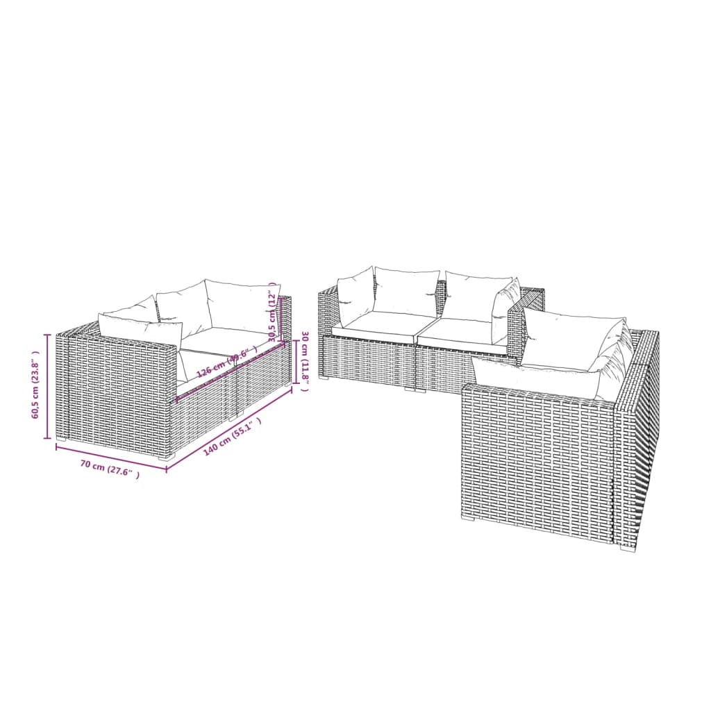 Set mobilier de grădină cu perne, 6 piese, gri, poliratan