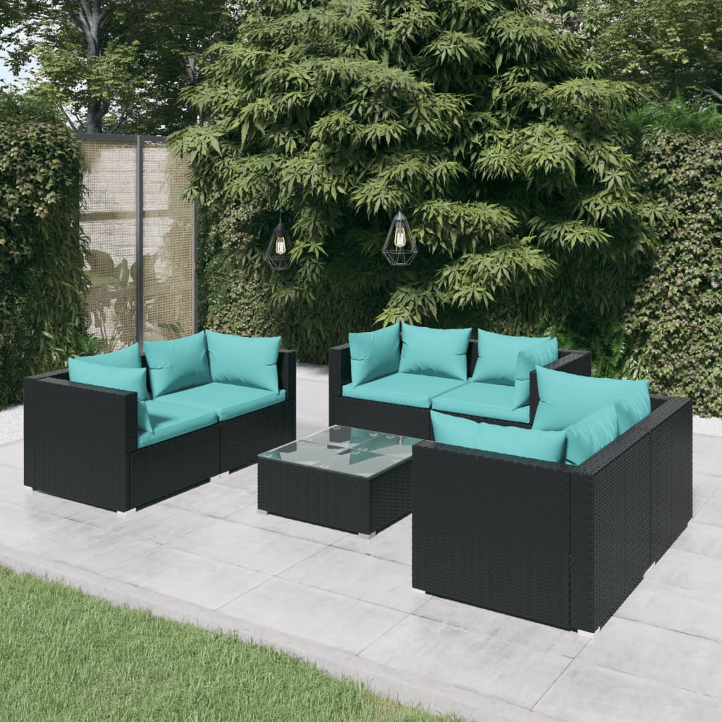 vida XL 7-tlg. Garten-Lounge-Set mit Kissen Poly Rattan Schwarz
