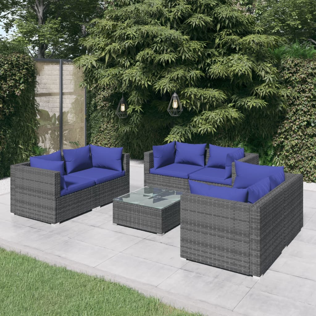 Salon de jardin 7 pcs avec coussins résine tressée gris