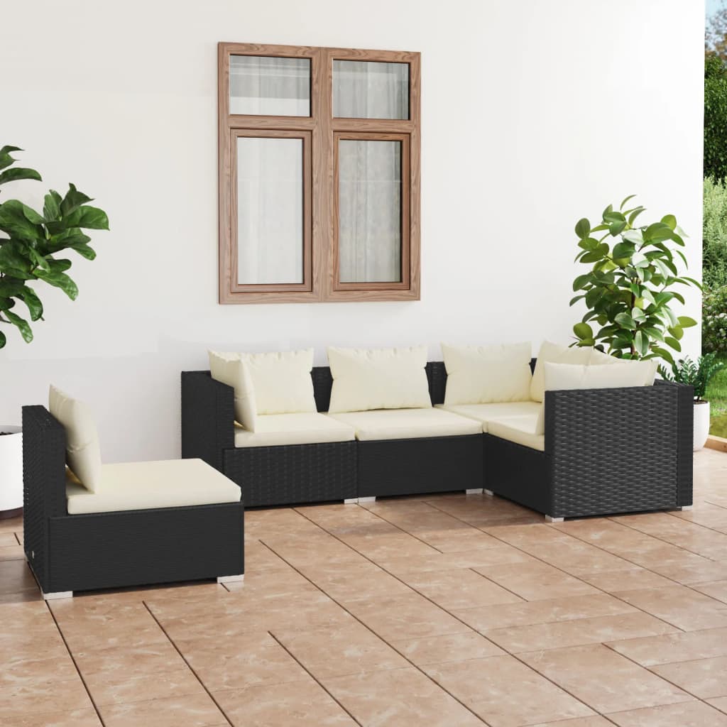 Set mobilier de grădină cu perne, 5 piese, negru, poliratan