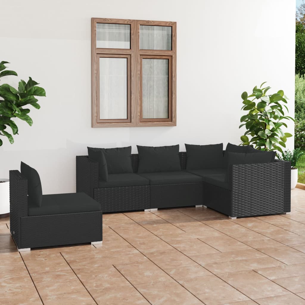 vidaXL Set mobilier de grădină cu perne, 5 piese, negru, poliratan