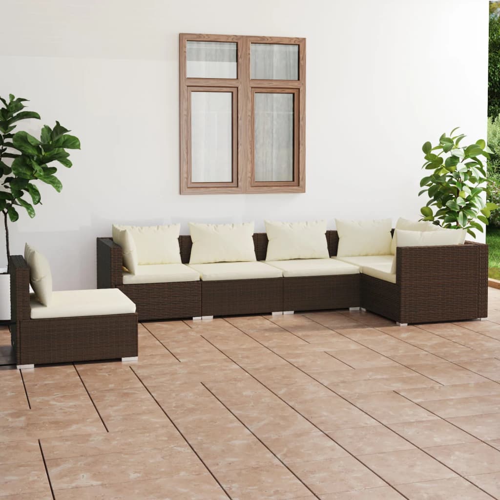 6-tlg. Garten-Lounge-Set mit Kissen Poly Rattan Braun