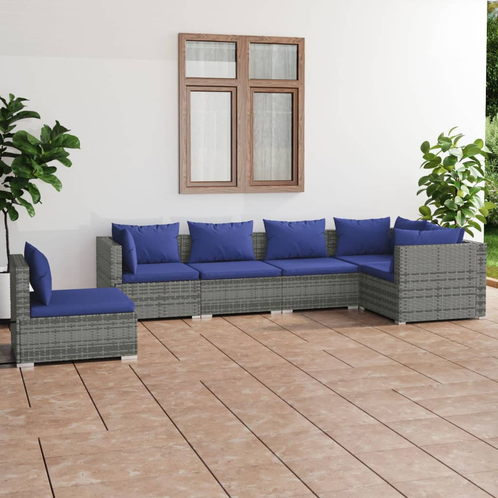 6-tlg. Garten-Lounge-Set mit Kissen Poly Rattan Grau