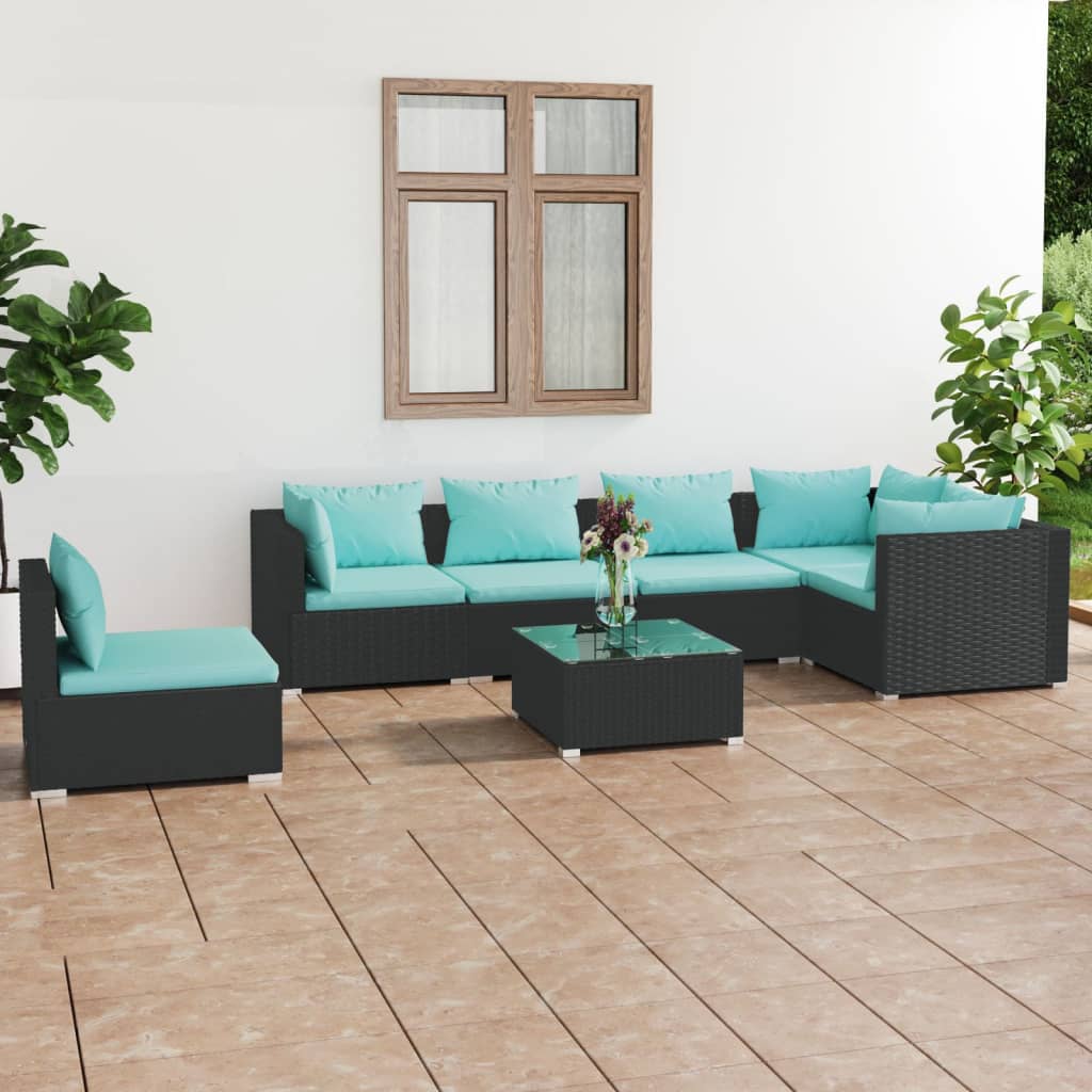 vidaXL Set mobilier de grădină cu perne, 7 piese, negru, poliratan