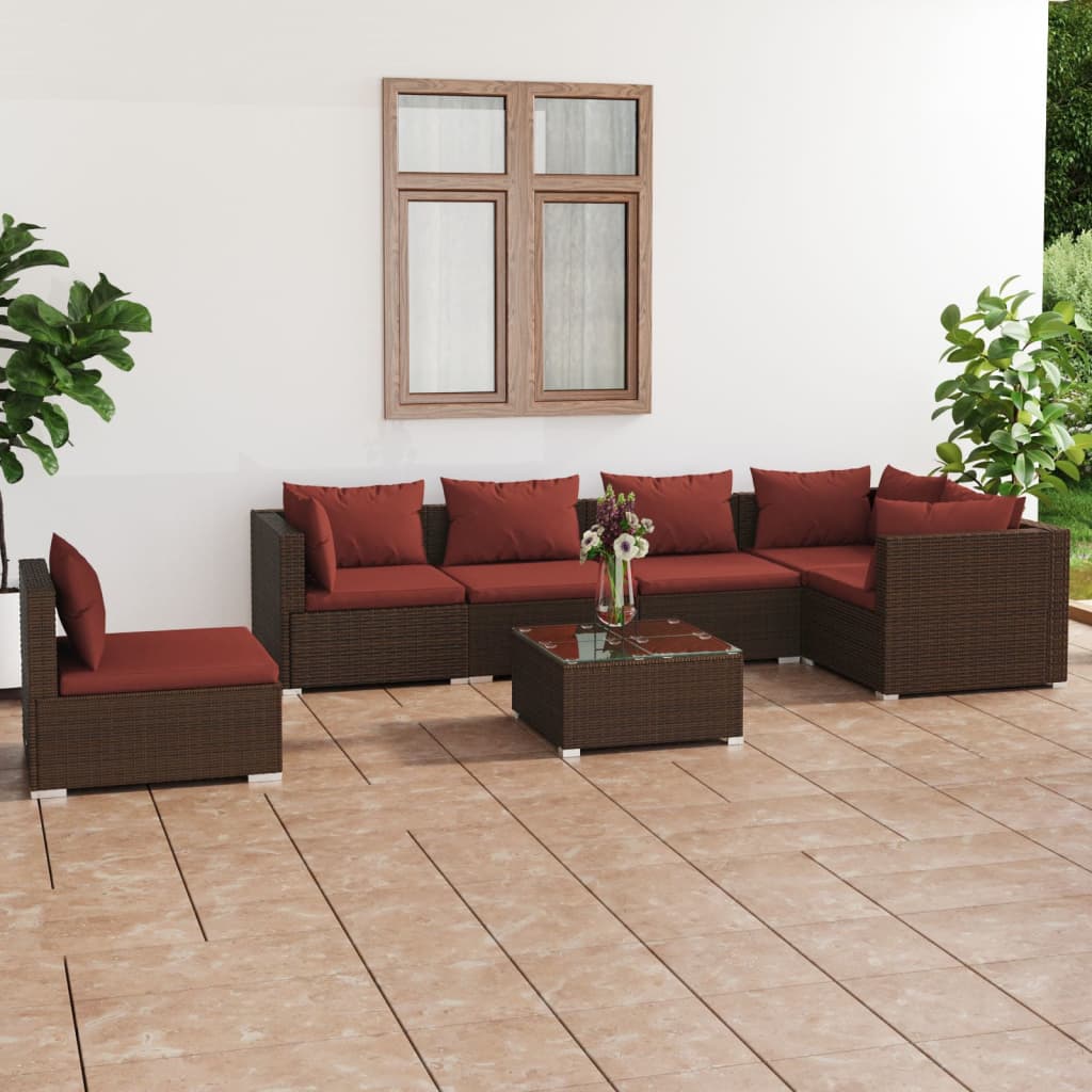 vidaXL Set mobilier de grădină cu perne, 7 piese, maro, poliratan