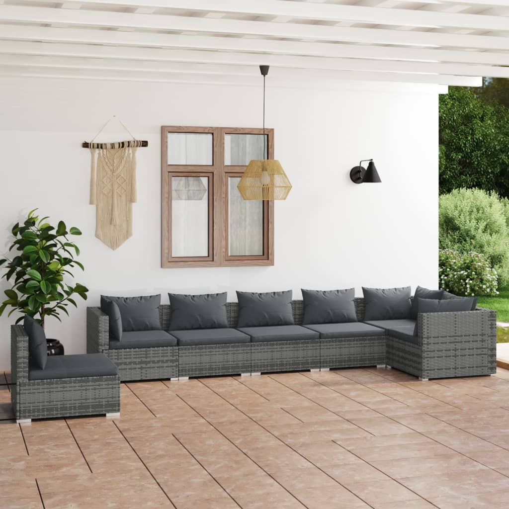 vida XL 7-tlg. Garten-Lounge-Set mit Kissen Poly Rattan Grau