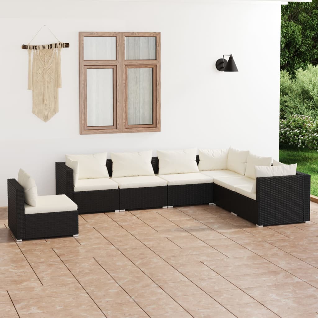 vidaXL Set mobilier de grădină cu perne, 7 piese, negru, poliratan