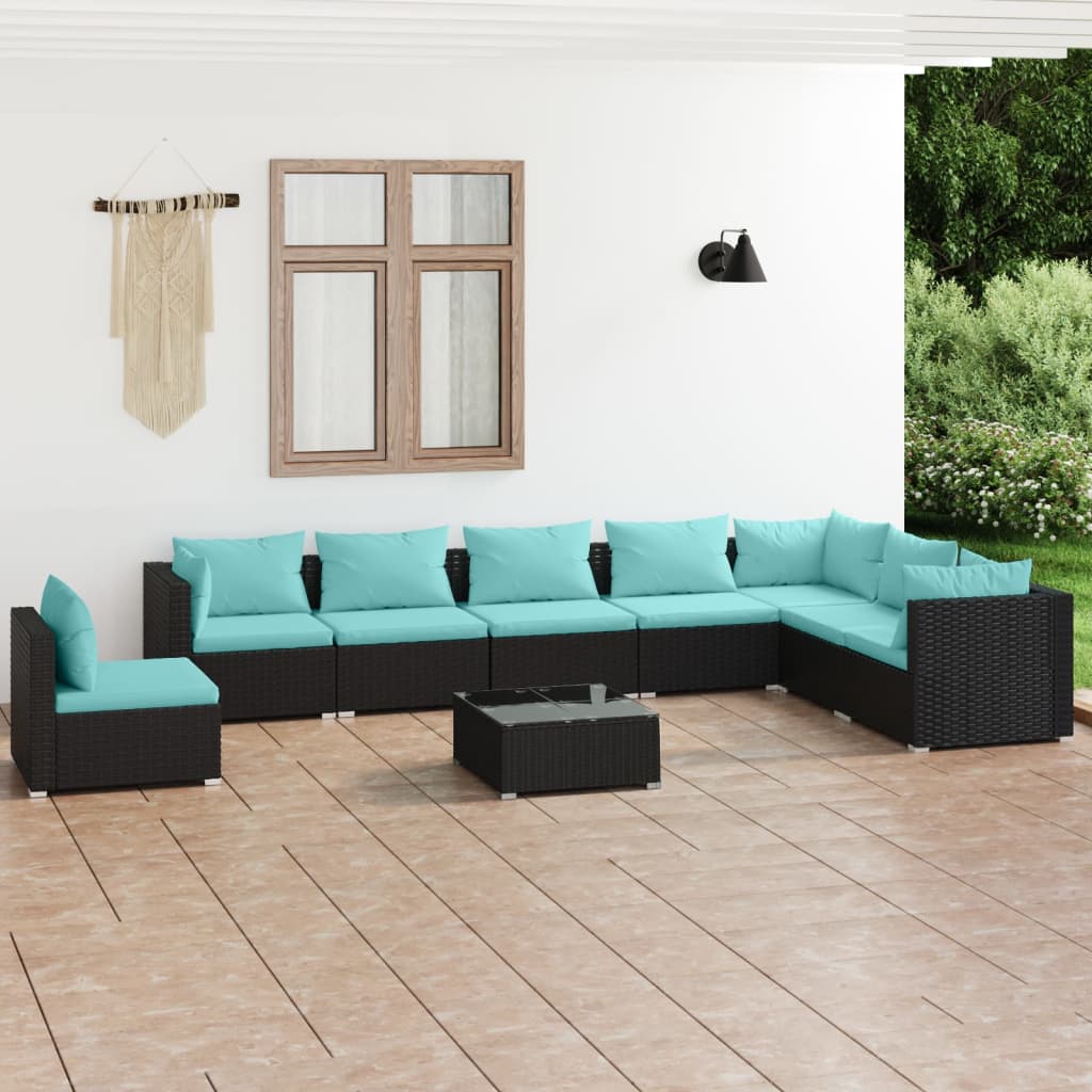 vidaXL Set mobilier de grădină cu perne, 9 piese, negru, poliratan