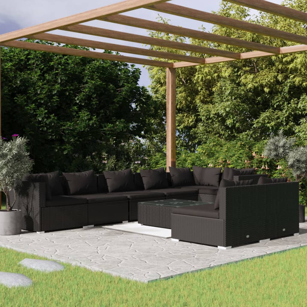 vidaXL 9-tlg. Garten-Lounge-Set mit Kissen Schwarz Poly Rattan